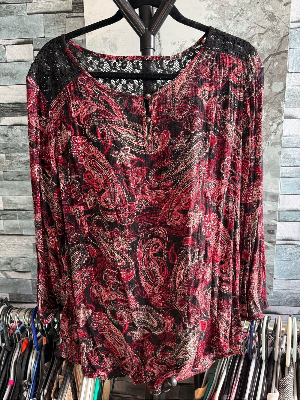 Paisley Lace Accent Blouse in Red and Black